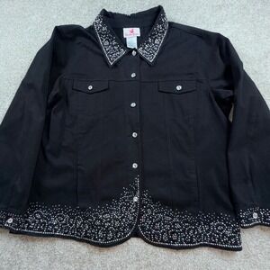 Quacker Factory Womens XL Black Rhinestone Embellished Button Front Jacket  XL